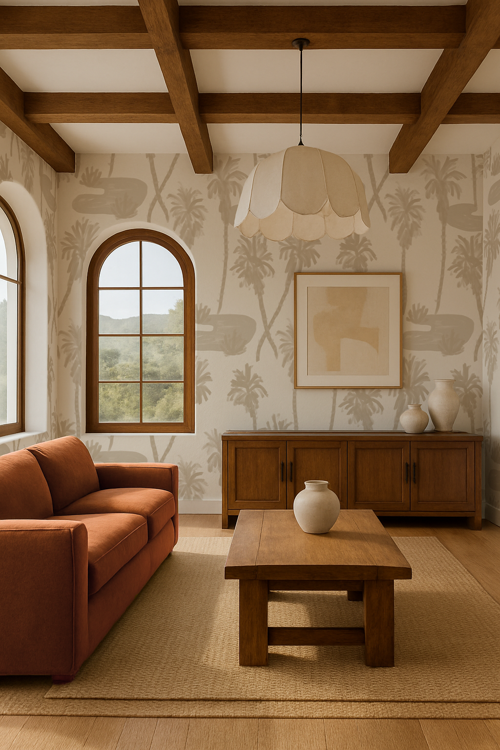 Palm Oasis Wallpaper, tan and white