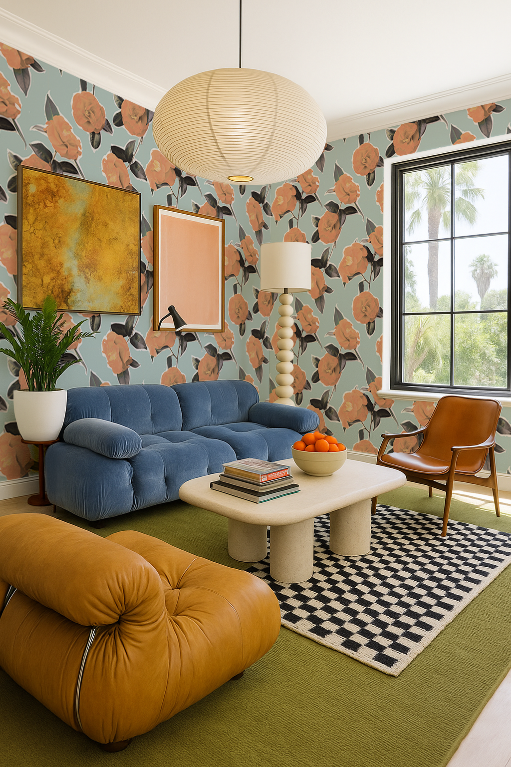 Camellia Wallpaper, light blue and orange