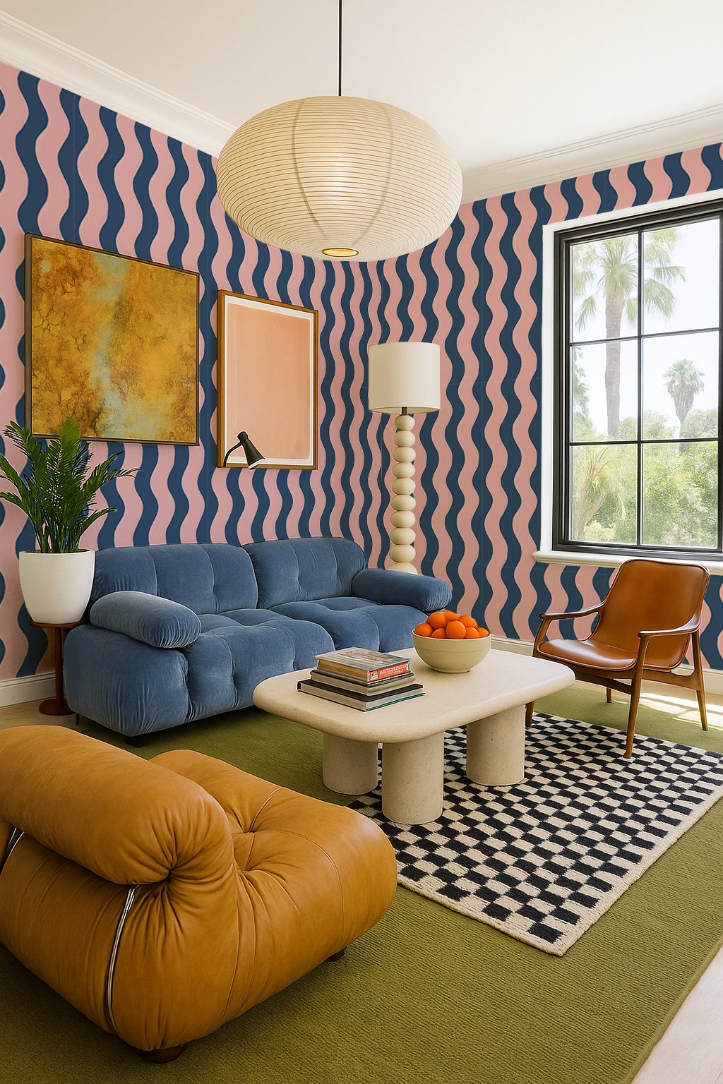 Ziggy Stripe Wallpaper, blue and pink