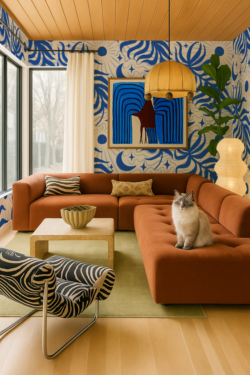 Lunar Leaf Wallpaper, beige and blue