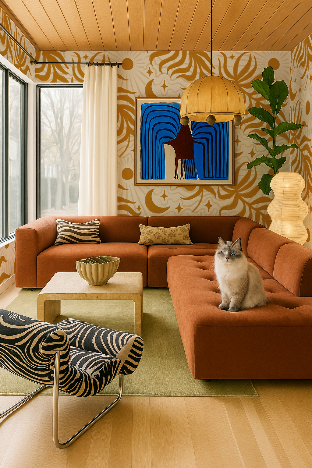 Lunar Leaf Wallpaper, beige and marigold