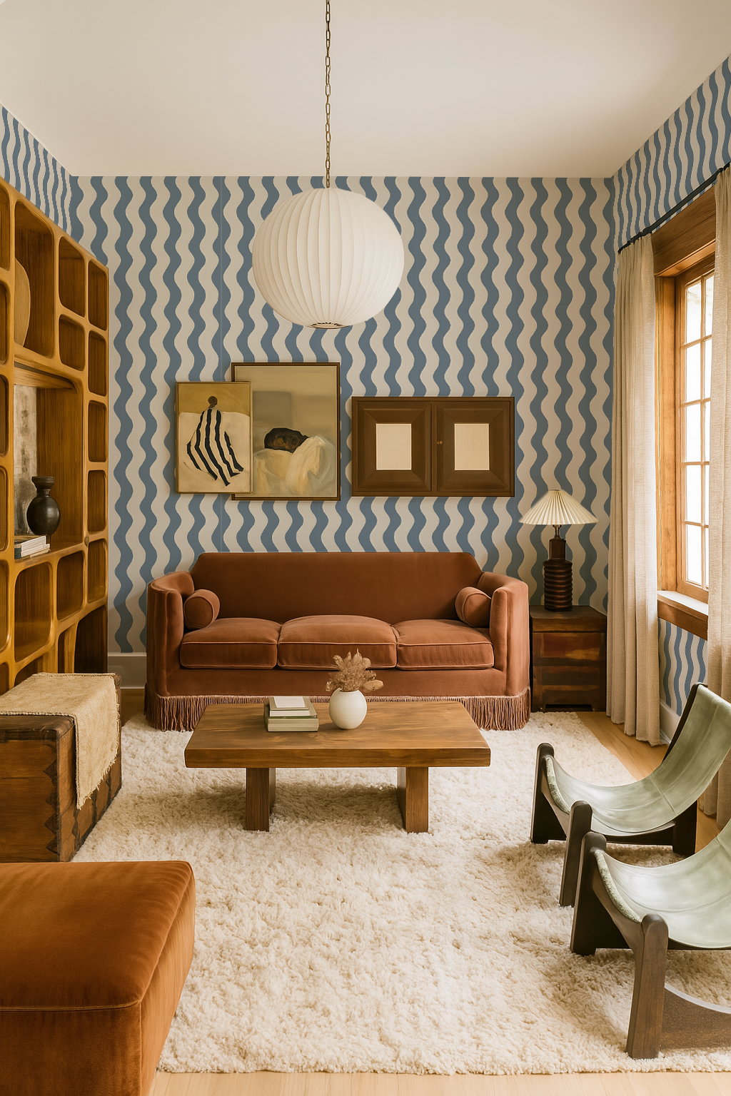 Ziggy Stripe Wallpaper, white and periwinkle