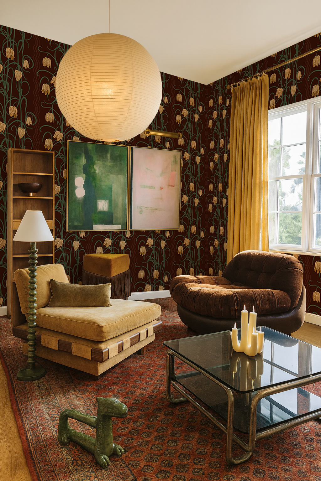 Campanas Wallpaper, chocolate and goldenrod