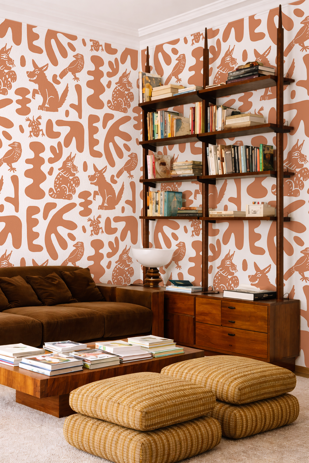 Abstract Animales Wallpaper, white and terra cotta