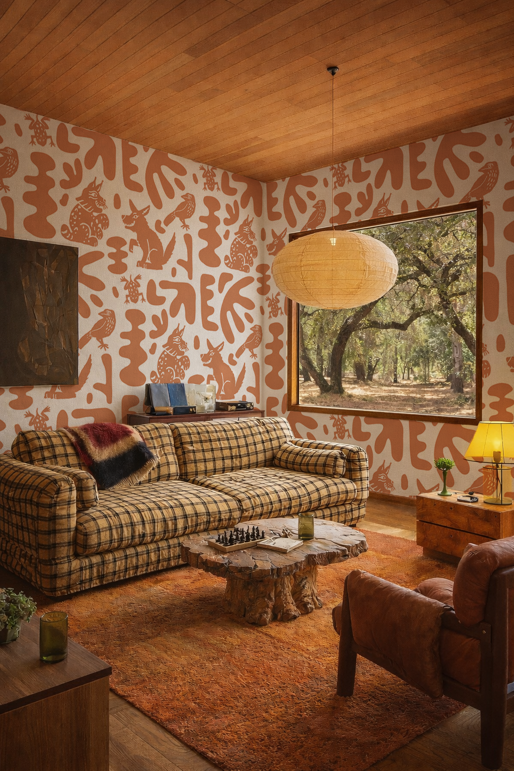 Abstract Animales Wallpaper, white and terra cotta