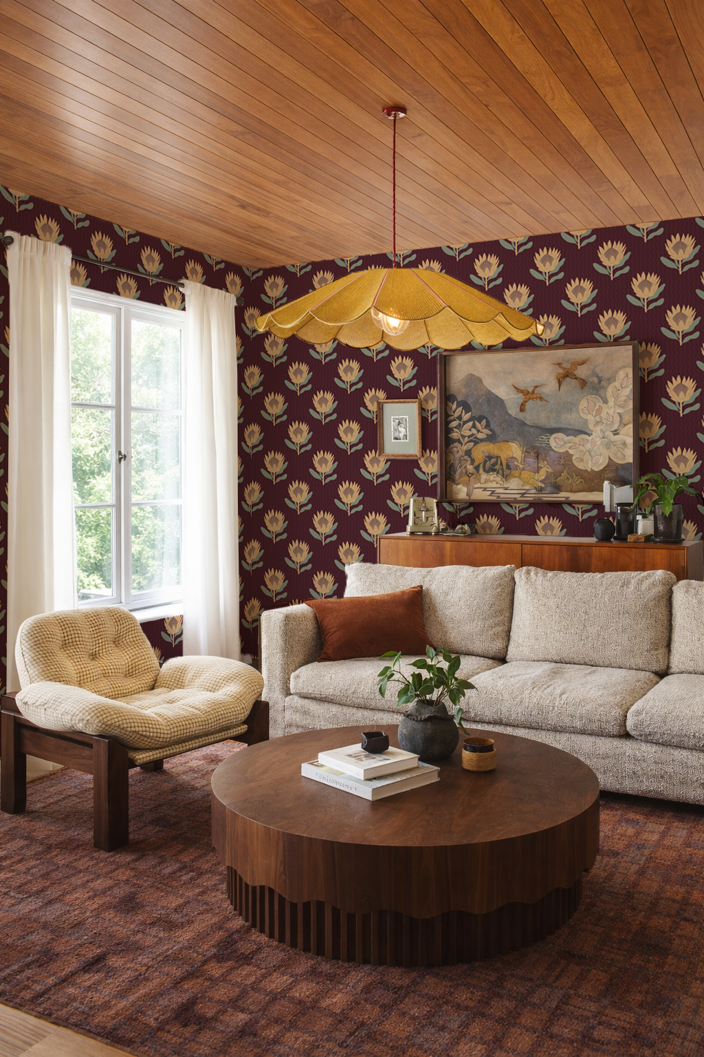 King Protea Wallpaper, dark plum and butter yellow