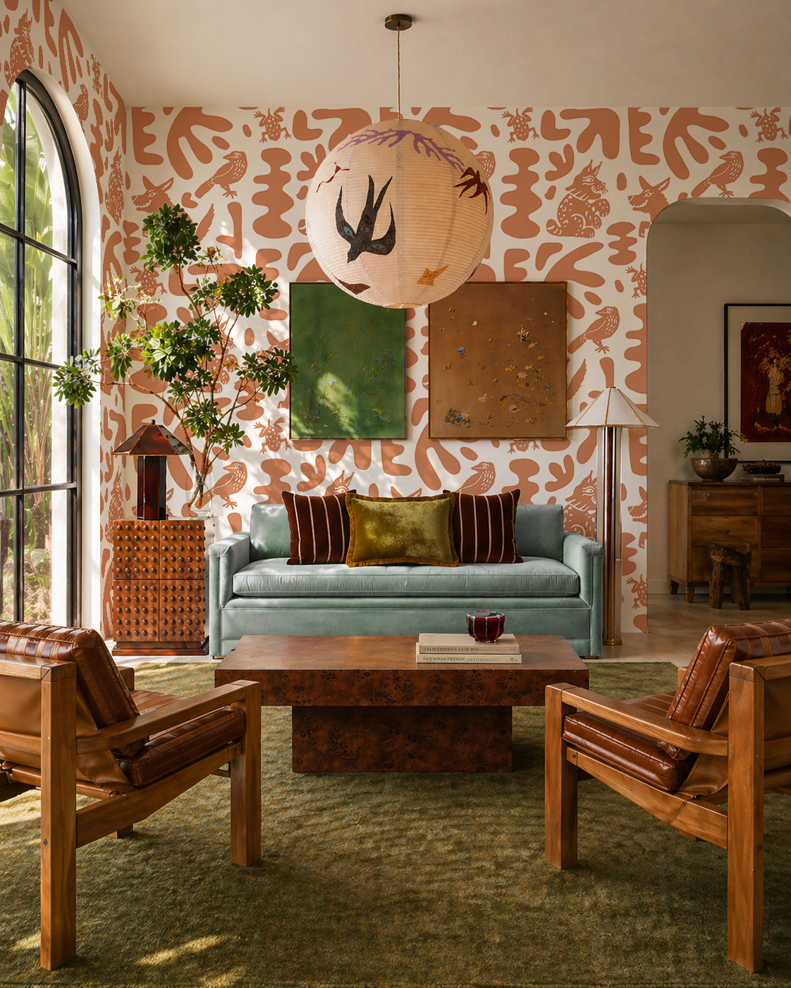 Abstract Animales Wallpaper, white and terra cotta