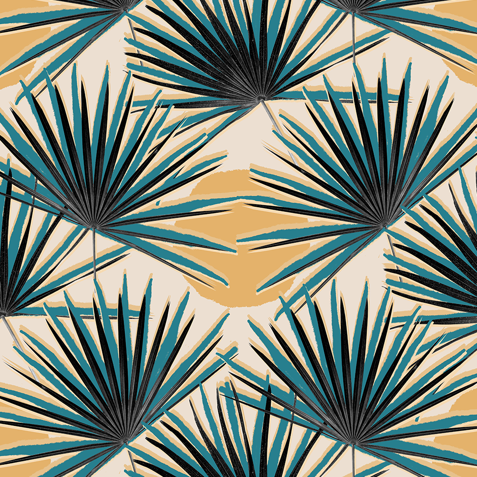 Palm Deco Wallpaper, blue and orange