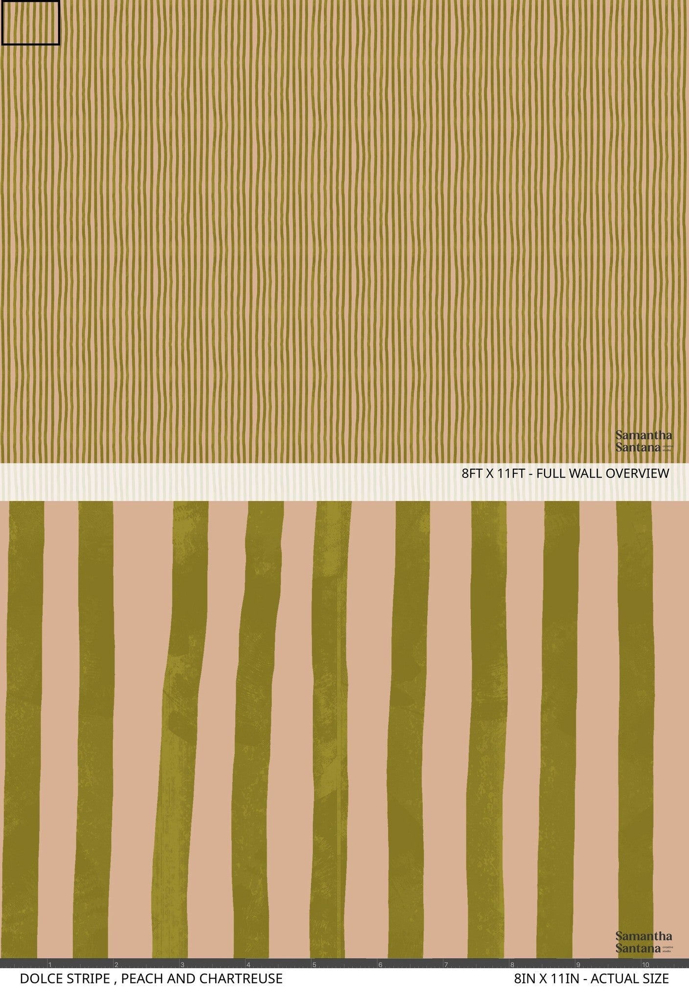 Dolce Stripe Wallpaper, peach and chartreuse