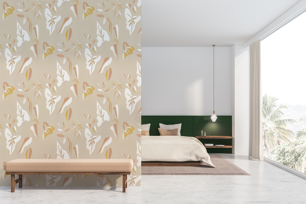 Block Print Foliage Wallpaper, tan and peach