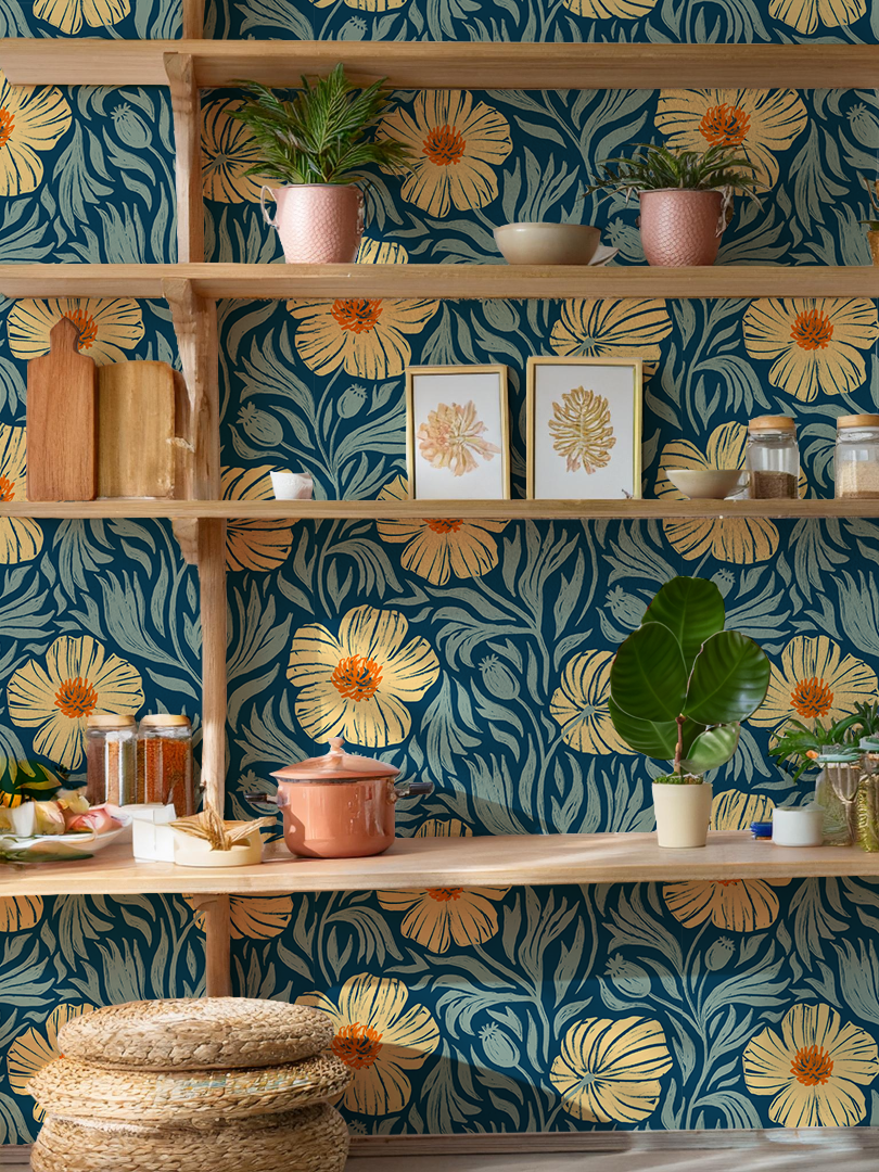Matilija Wallpaper, navy, orange and mint