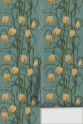 Campanas Wallpaper, dusty blue and marigold