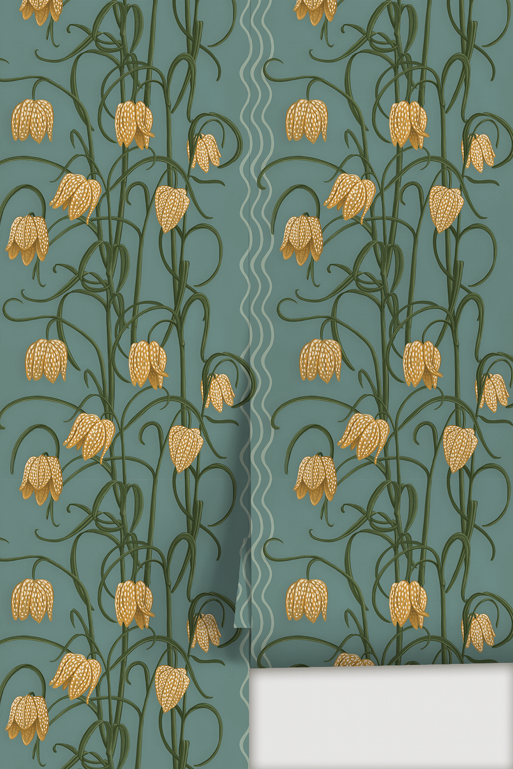Campanas Wallpaper, dusty blue and marigold