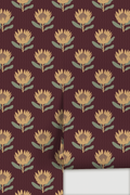 King Protea Wallpaper, dark plum and butter yellow