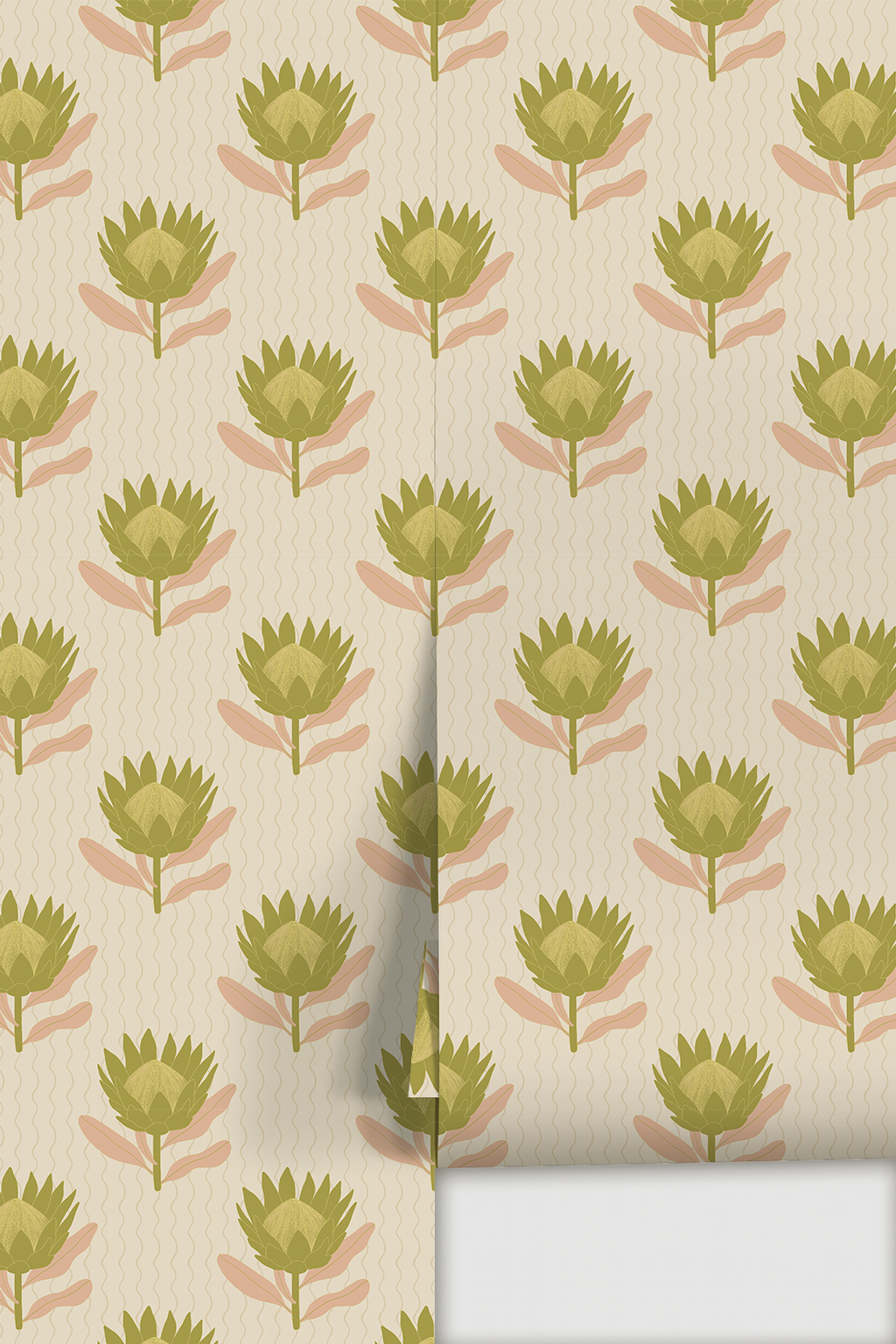 King Protea Wallpaper, tan and olive