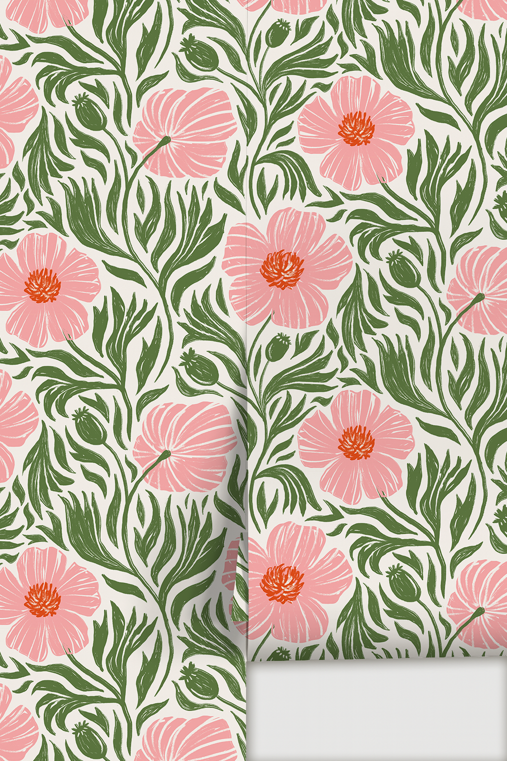 Matilija Wallpaper, white, pink and green