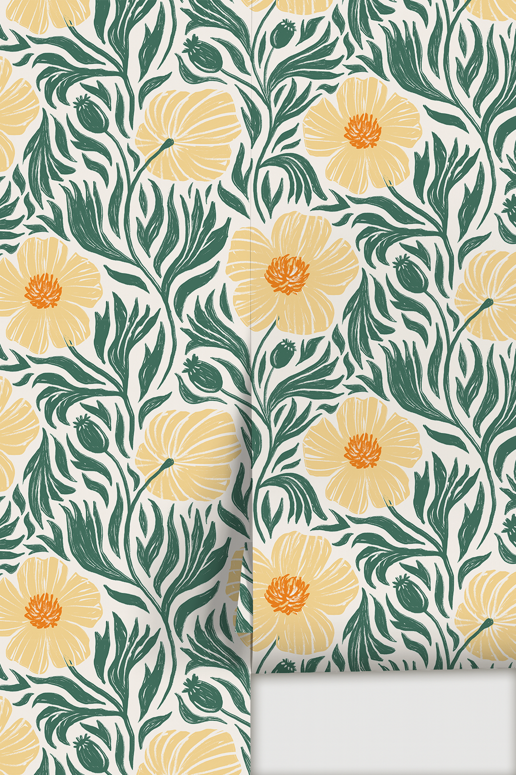 Matilija Wallpaper, white, teal and peach
