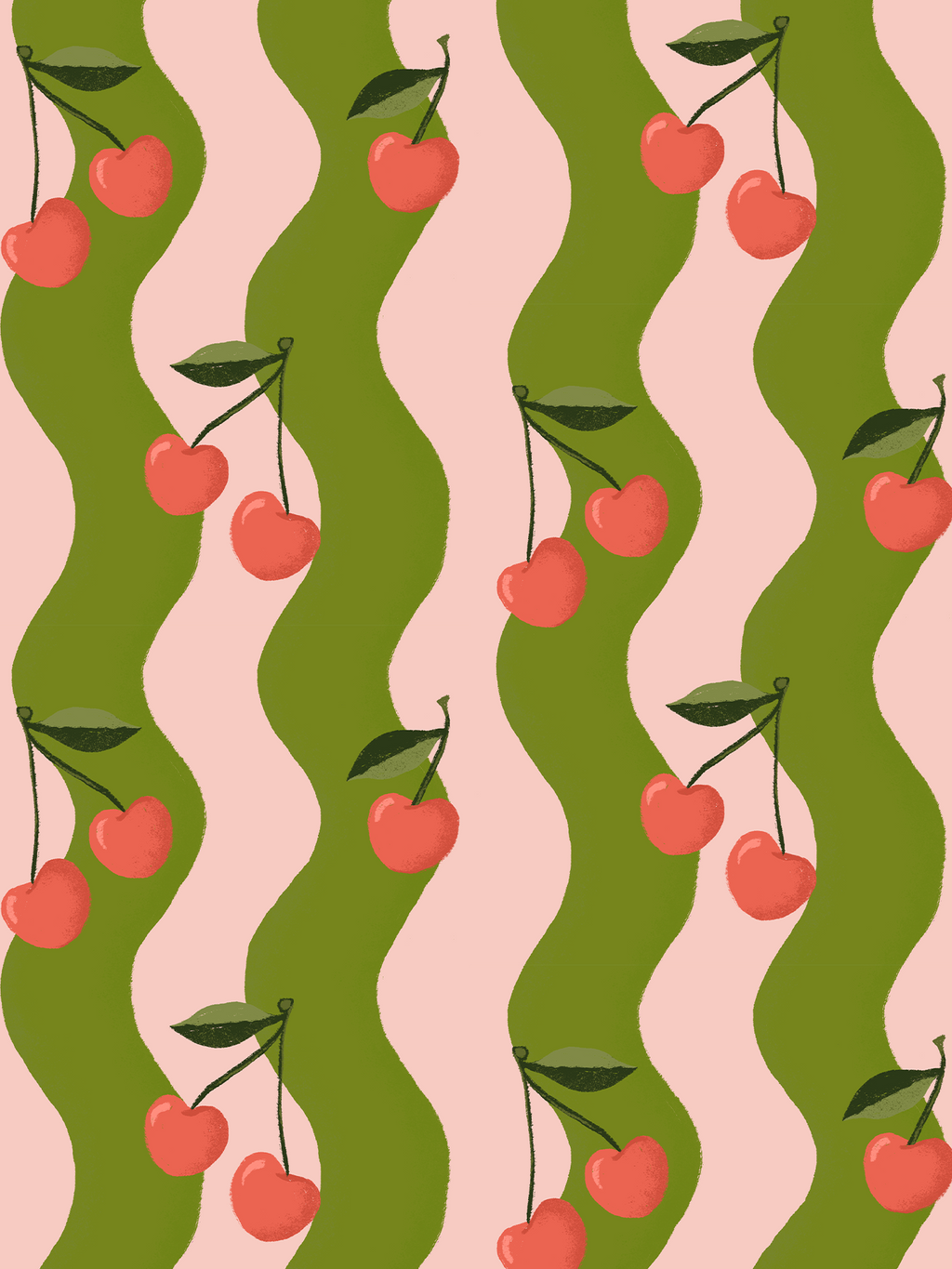 Wavy Cherry Wallpaper, pink and green
