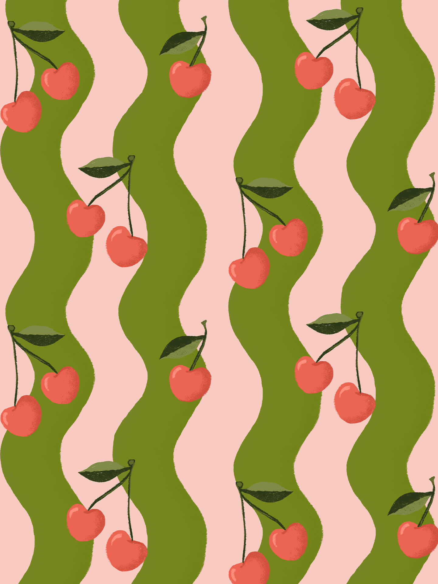 Wavy Cherry Wallpaper, pink and green